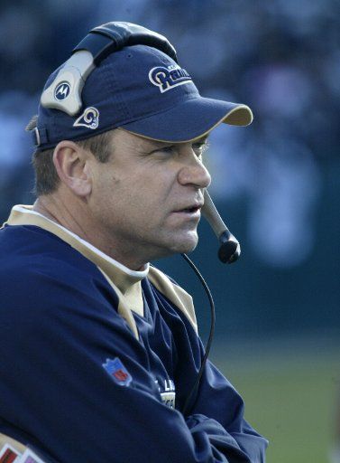 St. Louis Rams head coach Scott Linehan talks to the coaches overhead while playing the Oakland Raiders at the Network Associates Coliseum in Oakland California on December 17 2006.  The Rams defeated the Raiders 20-0.    (UPI Photo\/Bruce Gordon)