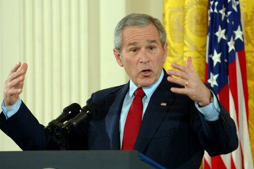 U.S. President George W. Bush speaks to the media during a news conference in the East Room of the White House on February 14 2007.    (UPI Photo\/Roger L. Wollenberg)