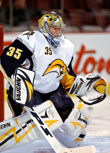 Buffalo Sabres goaltender Ty Conklin warms up prior to facing the Montreal Canadiens at the Bell Centre in Montreal Canada on March 31 2007. (UPI Photo\/Ed Wolfstein)