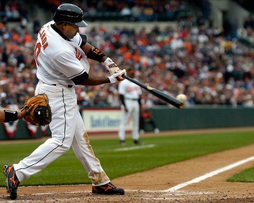 Baltimore Orioles shortstop Miguel Tejada singles to center field in the fifth inning against the Detroit Tigers on April 9 2007 at Orioles Park at Camden Yards in Baltimore MD.  The Orioles defeated the Tigers in their home opener 6-2.  (UPI...