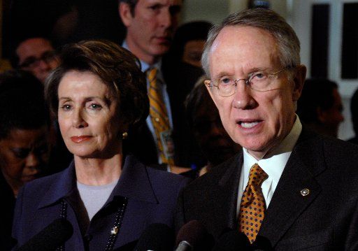 Senate Majority Leader Harry Reid (D-NV) and Speaker of the House Nancy Pelosi (D-CA) speak on their upcoming meeting with President Bush on Iraq in Washington on April 18 2007. (UPI Photo\/Kevin Dietsch)