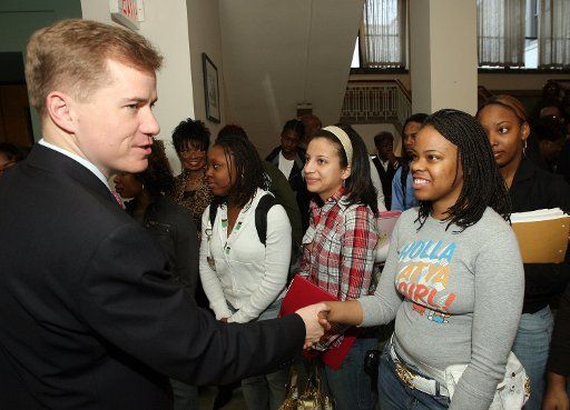 Missouri Governor Matt Blunt greets students at Harris-Stowe State University after announcing his plan to double funding for need-based scholarships in St. Louis on March 21 2007.  The governor\