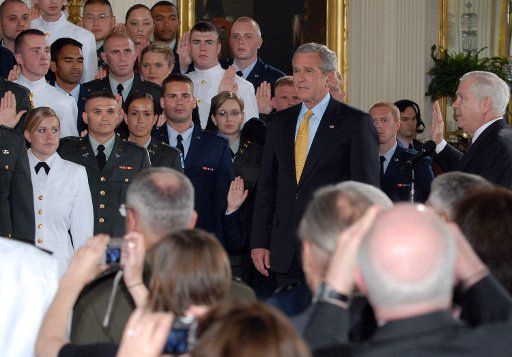 U.S. President George W. Bush and Secretary of Defense Robert Gates participate in a Joint Reserve Officer Training Corps Commissioning Ceremony in the East Room of The White House on May 17 2007. (UPI Photo\/Roger L. Wollenberg)