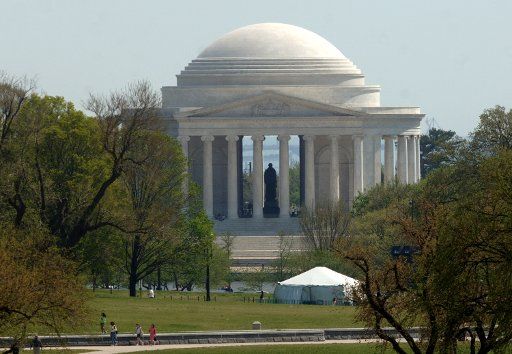 The Jefferson Memorial is seen from the South Lawn of the White House in Washington on April 23 2007.   (UPI Photo\/Roger L. Wollenberg)