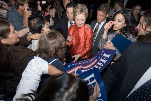 Sen. Hillary Clinton signs autographs after speaking at the California Democratic Convention in San Diego on April 28 2007.  (UPI Photo\/Earl S. Cryer)