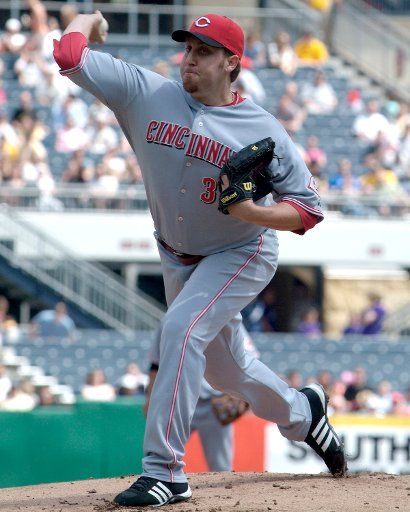 Cincinnati Reds right handed pitcher Aaron Harang gets the win over the Pittsburgh Pirates at PNC Park in Pittsburgh PA on April 29 2007.  The Reds defeated the Pirates 9-5. (UPI Photo\/Archie Carpenter)