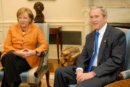 U.S. President George W. Bush meets with the President of the European Council and the Chancellor of the Federal Republic of Germany Angela Merkel in the Oval Office of The White House in Washington on April 30 2007. (UPI Photo\/Kevin Dietsch)