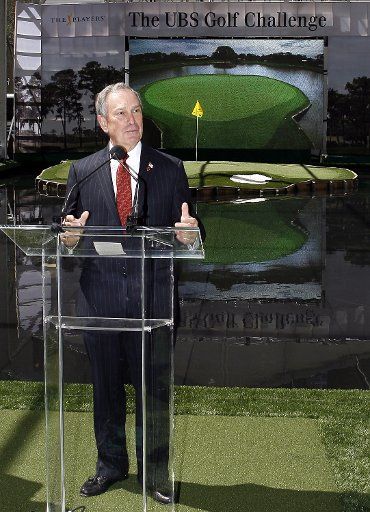 Mayor Michael Bloomberg speaks while standing in front of a replica of the famed TPC Sawgrass 17th hole at Rockefeller Center in New York City on May 3 2007. (UPI Photo\/John Angelillo)