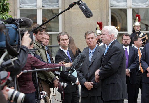 Republican Presidential candidate Sen. John McCain speaks to the press after his meeting with French President Nicolas Sarkozy at the Elysee Palace in Paris on July 5 2007. (UPI Photo\/Eco Clement)