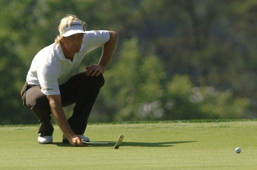 Stuart Appleby of Australia lines up a putt on the 18th green during the second round of the inaugural AT&T National at the Congressional Country Club in Potomac Maryland on July 6 2007. (UPI Photo\/Kevin Dietsch)