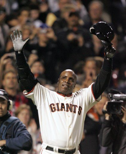 San Francisco Giants Barry Bonds reacts to the crowd after hitting career home run number 756 in the fifth inning against the Washington Nationals at AT&T Park in San Francisco on August 7 2007. (UPI Photo\/Aaron Kehoe)