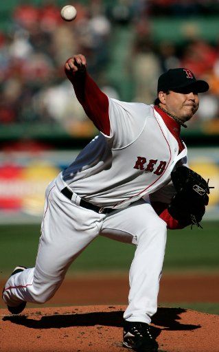 Boston Red Sox starting pitcher Josh Beckett throws a pitch in the first inning against the New York Yankees on September 15 2007 at Fenway Park in Boston. (UPI Photo\/Matthew Healey)