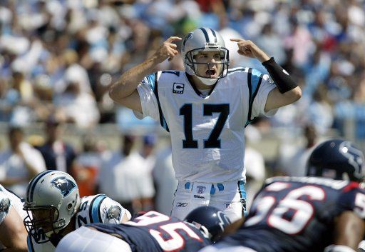 Carolina Panthers quarterback Jake Delhomme calls a play at the line of scrimmage in the first half against the Houston Texans at Bank of America Stadium in Charlotte North Carolina on September 16 2007. (UPI Photo\/Nell Redmond)