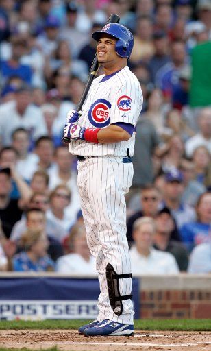 Chicago Cubs third baseman Aramis Ramirez reacts to being called out on strikes against Arizona Diamondbacks pitcher Livan Hernandez in the first inning of game 3 of the NLDS at Wrigley Field in Chicago October 6 2007. (UPI Photo\/Mark Cowan)