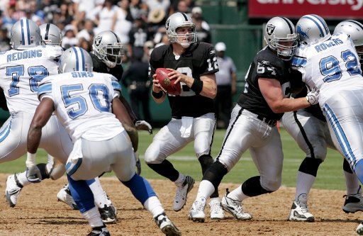 Oakland Raiders starting quarterback Josh McCown (12) drops back to throw a pass against the Detroit Lions defense during the first quarter at McAfee Coliseum in Oakland California on September 9 2007. (UPI Photo\/Aaron Kehoe)