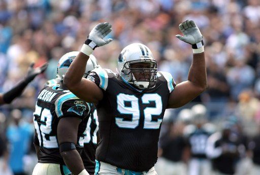Carolina Panthers defensive tackle Damione Lewis rallies the fans as the Panthers play the Indianapolis Colts at Bank of America Stadium in Charlotte North Carolina on October 28 2007. (UPI Photo\/Nell Redmond)