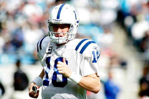 Indianapolis Colts quarterback Peyton Manning (18) jogs off the field at the end of the first half against the Carolina Panthers at Bank of America Stadium on October 28 2007 in Charlotte NC. (UPI Photo\/Bob Carey)