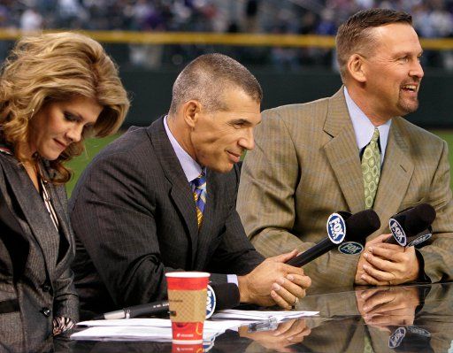 Joe Girardi (C) works as part of the Fox baseball team during the World Series game four at Coors Field in Denver on October 28 2007. Girardi has been offered the job of New York Yankees manager. (UPI Photo\/Gary C. Caskey)