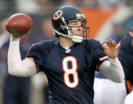 Chicago Bears quarterback Rex Grossman (8) drops back to pass during the first quarter against the Denver Broncos at Soldier Field in Chicago on November 25 2007. (UPI Photo\/Brian Kersey)