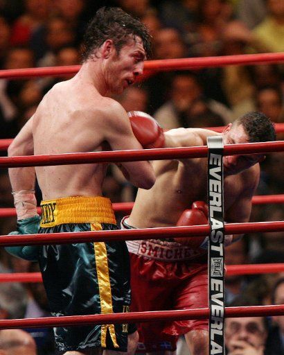 Walid Smichet lands a punch on John Duddy during the 9th round of their middleweight fight at Madison Square Garden in New York City on February 23 2008. (UPI Photo\/John Angelillo) .