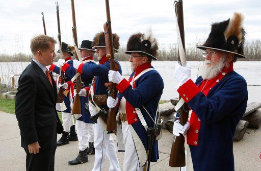 Missouri Governor Matt Blunt reviews army reenactors while touring the Lewis and Clark Boat House and Nature Center in St.Charles Missouri on April 11 2008. (UPI Photo\/Bill Greenblatt)