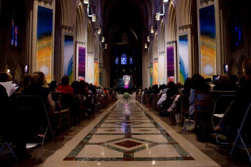 South African Archbishop Desmond Tuto in a prerecorded video speaks during the BREAKTHROUGH: The Women Faith and Development Summit to End Global Poverty at the Washington National Cathedral in Washington on April 13 2008. (UPI Photo\/Patrick D. ...