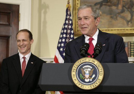 U.S. President George W. Bush (R) announces his nominee for Secretary of Housing and Urban Development Steve Preston at the White House in Washington on April 18 2008. (UPI Photo\/Yuri Gripas)