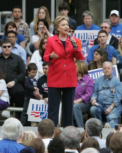 Democratic presidential candidate Sen. Hillary Clinton talk to supporters in Market Square in Pittsburgh Pennsylvania on April 21 2008 (UPI Photo\/Stephen Gross)