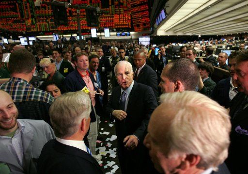 Republican Presidential candidate Sen. John McCain (R-AZ) greets members at the Chicago Board of Trade in Chicago on May 19 2008. (UPI Photo\/Kuni Takahashi\/POOL)