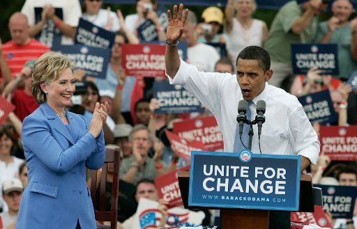 Presumptive Democratic Presidential Nominee Sen. Barack Obama D-IL and Sen. Hillary Rodham Clinton D-NY campaign together for the first time since Clinton dropped out of the race in Unity New Hampshire on June 27 2008. (UPI Photo\/Matthew ...