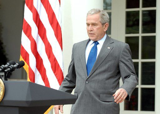 U.S. President George W. Bush praises Congress for passing FISA reform legislation in the Rose Garden of the White House in Washington on July 9 2008. The bill allows surveillance aimed at curbing terrorist attacks. (UPI Photo\/Roger L. Wollenberg)...