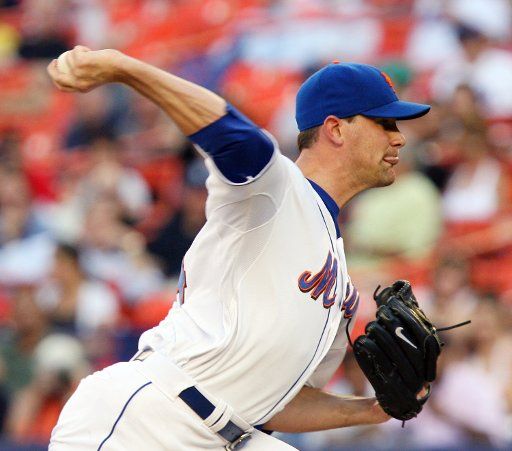 New York Mets starting pitcher Mike Pelfrey throws a first inning pitch against the Arizona Diamondbacks at Shea Stadium in New York City on June 11 2008. (UPI Photo\/John Angelillo)