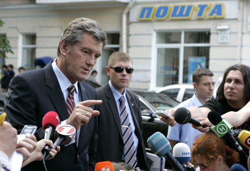 Ukrainian President Viktor Yushchenko speaks to reporters before being questioned by prosecutors about his nearly lethal poisoning four years ago in Kiev Ukraine on July 28 2008. (UPI Photo\/Mykhailo Markiv\/Presidental Press Service of Ukraine)
