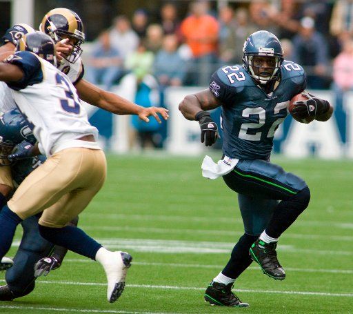 Seattle Seahawks running back Julias Jones rushes against the St Louis Rams in the first quarter at Qwest Field in Seattle on September 21 2008. (UPI Photo\/Jim Bryant)