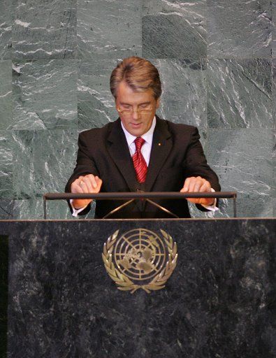 Viktor Yushchenko President of the Ukraine speaks during the 63rd Session of the United Nations General Assembly in New York on September 24 2008. (UPI Photo\/Laura Cavanaugh)