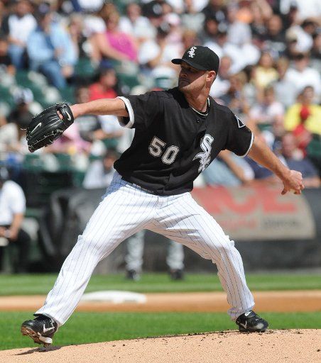 Chicago White Sox pitcher John Danks (50) pitches against the Los Angeles Angels during the first inning at U.S. Cellular Field in Chicago on September 7 2008. (UPI Photo\/David Banks)