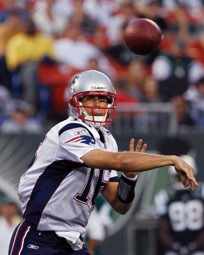 New England Patriots Matt Cassel throws a pass in the fourth quarter against the New York Jets at Giants Stadium in East Rutherford New Jersey on September 14 2008. The Patriots defeated the Jets 19-10. (UPI Photo\/John Angelillo)