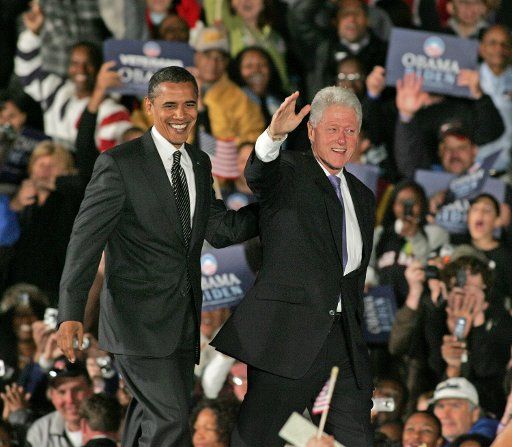 Democratic presidential candidate Senator Barack Obama (L)campaigns with former president Bill Clinton at Oceola Heritage Park in Kissimmee Florida on October 29 2008. (UPI Photo\/Michael Bush)