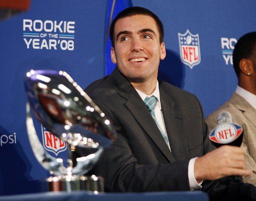 Baltimore Ravens quarterback Joe Flacco reacts after winning the Rookie of the Year award at a Super Bowl XLIII press conference in Tampa Florida on January 29 2009. (UPI Photo\/John Angelillo)