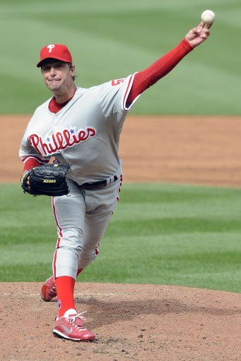 Philadelphia Phillies starting pitcher Jamie Moyer (50) pitches in the 2nd inning against the Washington Nationals at Nationals Park in Washington on April 13 2009 on opening day. (UPI Photo\/Mark Goldman)