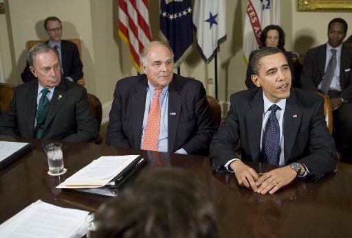 U.S. President Barack Obama (R) meets with Pennsylvania Governor Ed Rendell (C) and New York City Mayor Michael Bloomberg in the Roosevelt Room of the White House in Washington on March 20 2009. (UPI Photo\/Kristoffer Tripplaar\/Pool)
