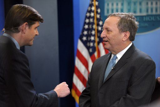 White House economic adviser Larry Summers is interviewed by a television reporter in the Brady Press Briefing Room of the White House on March 23 2009. (UPI Photo\/Roger L. Wollenberg)