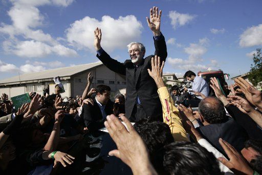 Iranian prime minister Mir-Hossein Mousavi a leading reformist candidate in the upcoming presidential election speaks during his campaign tour to Ardebil province 586 miles (945 Km) northwest of Tehran Iran on June 1 2009. Iran\
