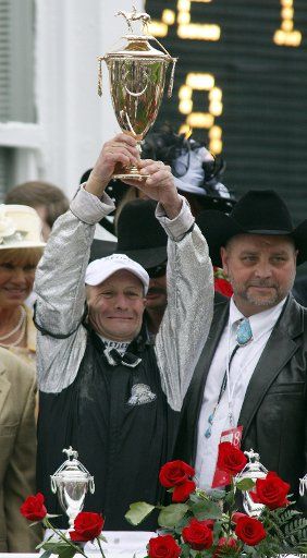 Calvin Borel celebrates after winning the 135th running of the Kentucky Derby May 2 2009 in Louisville KY. (UPI Photo\/Frank Polich)