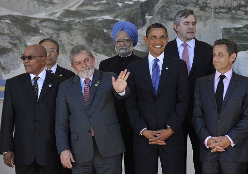 G8 and G5 leaders gather for a group photo at the G8 summit in L\