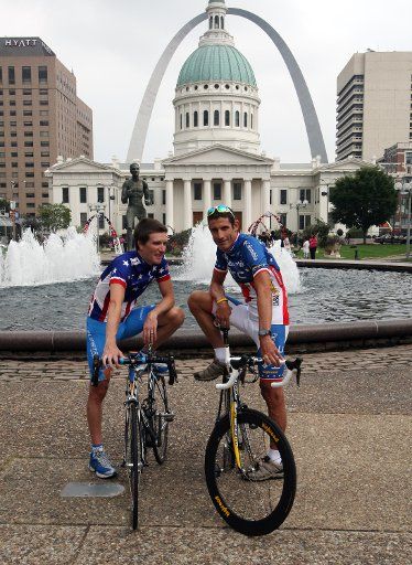 Bike racers Dave Zabriskie of Salt Lake City (L) and George Hincapie of Greenville SC talk during a break in a photo shoot for the Tour of Missouri Bike Race in St. Louis on September 6 2009. The Tour of Missouri kicks off in St. Louis on ...