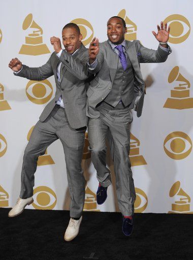 Victor Cruz and Mario Manningham of The New York Giants bump in the photo room at the 54th annual Grammy Awards at the Staples Center in Los Angeles on February 12, 2012. UPI\/Jayne Kamin-