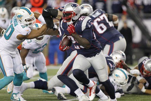 New England Patriots running back LeGarrette Blount (29) charges up field on a carry in the third quarter against the Miami Dolphins at Gillette Stadium in Foxborough, Massachusetts on October 29, 2015. Photo by Matthew Healey\/