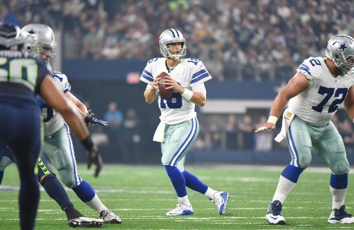 Dallas Cowboys quarterback Matt Cassel looks to throw against the Seattle Seahawks during the first half at AT&T Stadium on November 1, 2015 in Arlington, Texas. Photo by Ian Halperin\/