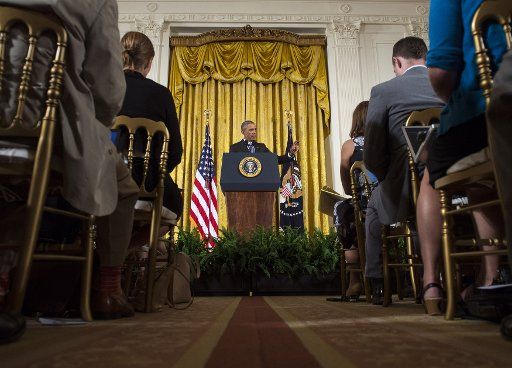 President Barack Obama holds a press conference at the White House in Washington, D.C. on July 15, 2015. Obama defended the recent Iran nuclear deal, stating that while the deal is not perfect it is the best means to assure that Iran does not secure ...